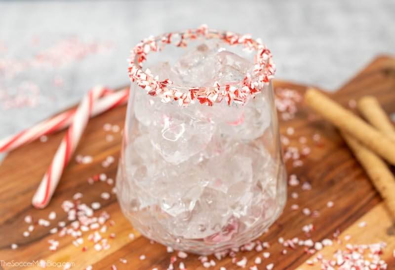 cocktail glass rimmed with crushed candy canes