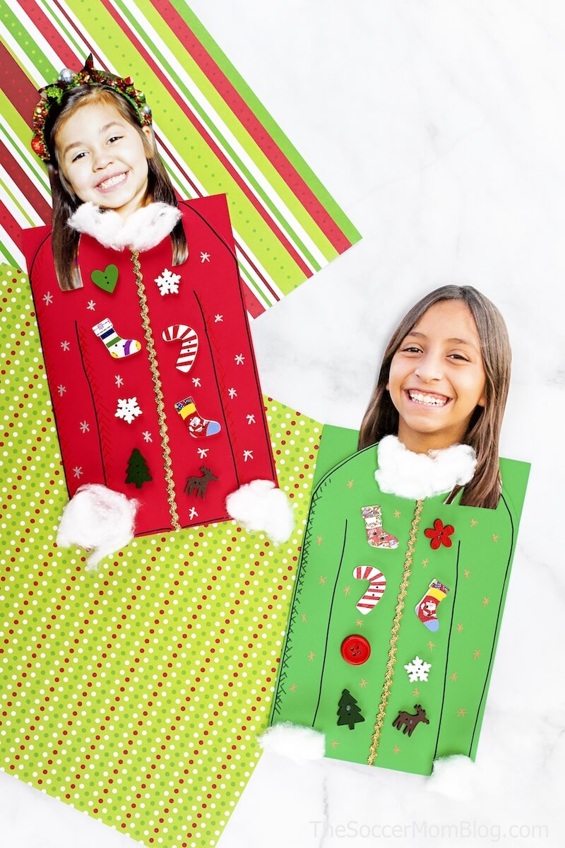 It may be called "ugly" but this Ugly Sweater Christmas Card is one of the CUTEST kid-made Christmas card ideas ever! And it's super easy to make!