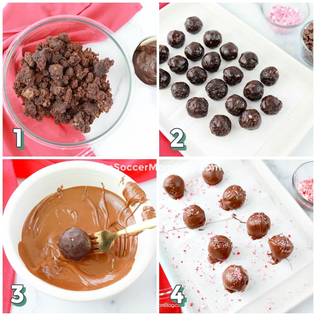step by step photo collage showing how to make peppermint brownie truffles