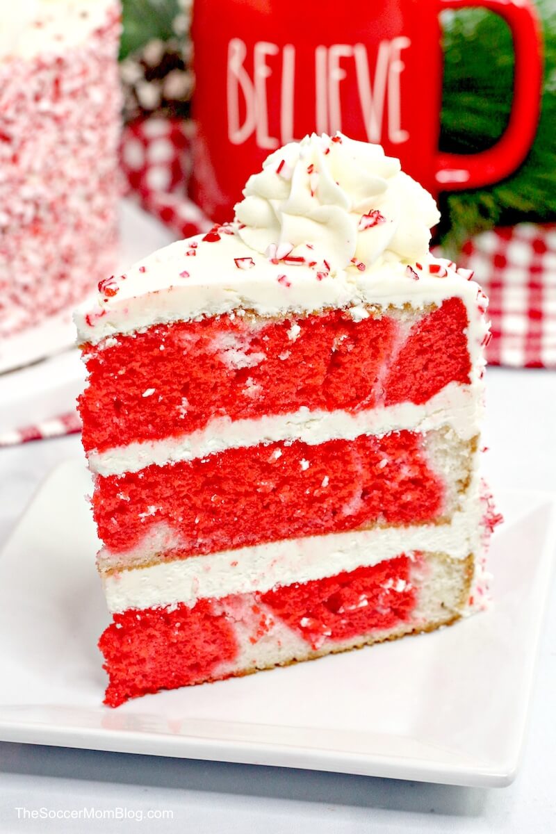slice of red and white peppermint layer cake 