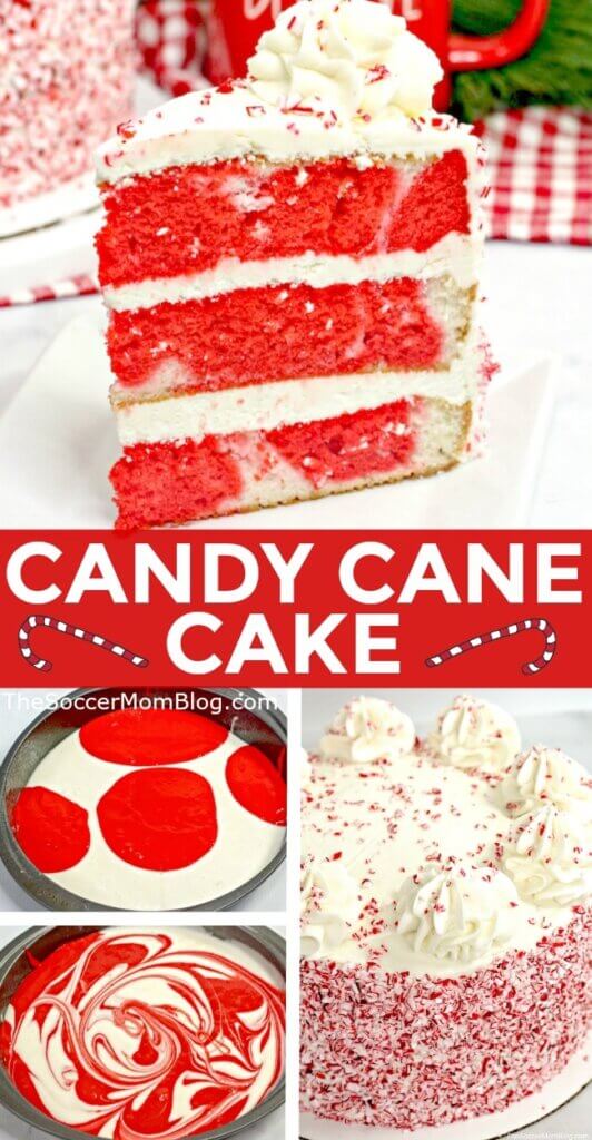 Candy Cane Cake: A classic white cake infused with cool peppermint, topped with creamy peppermint buttercream frosting and crushed candy canes.