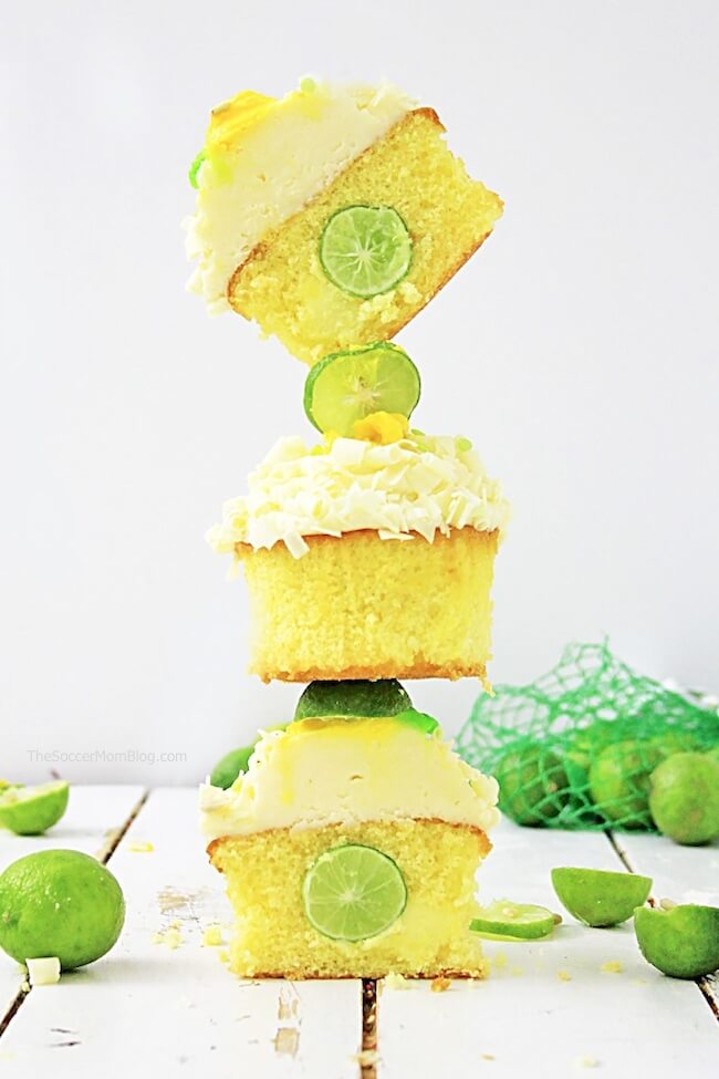 3 key lime cupcakes stacked on top of each other