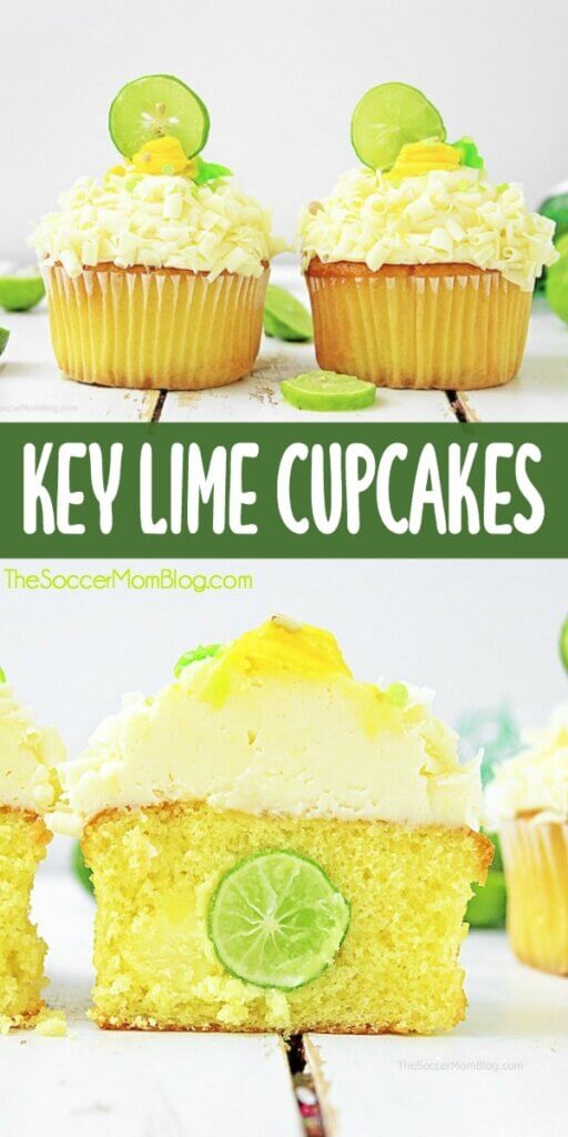 two photo collage showing filled key lime cupcakes