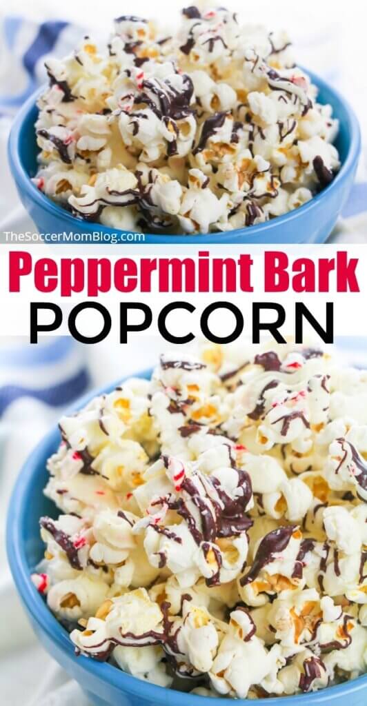 homemade peppermint bark popcorn with chocolate drizzle and crushed candy canes; text overlay "Peppermint Bark Popcorn"