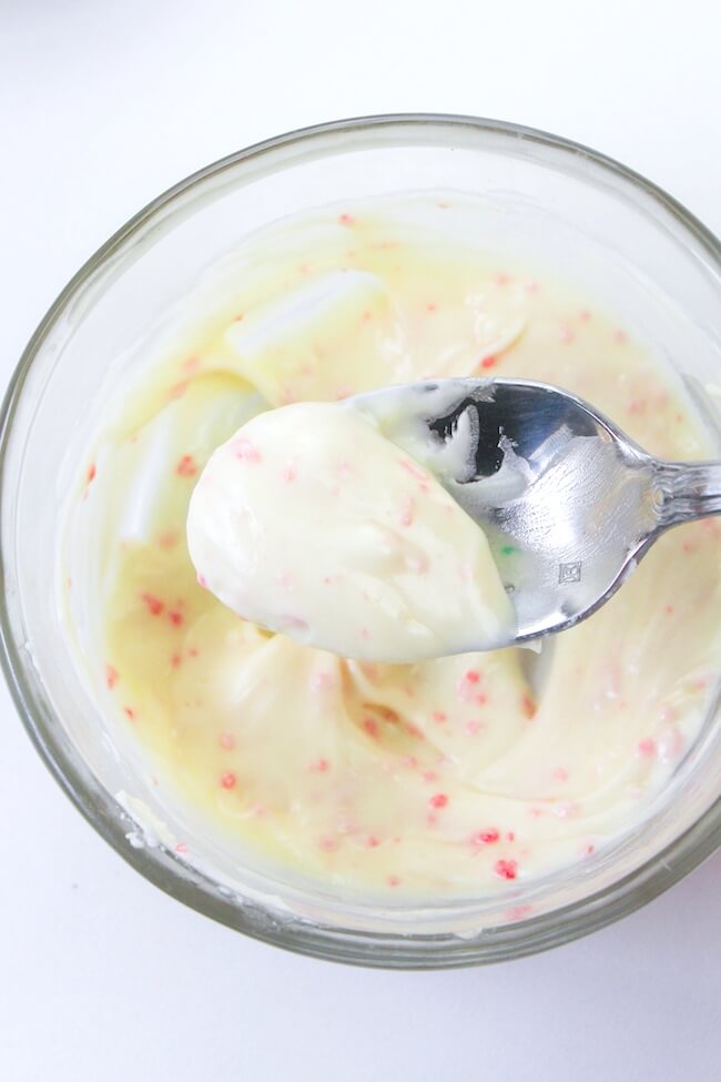 melted peppermint candy in glass bowl