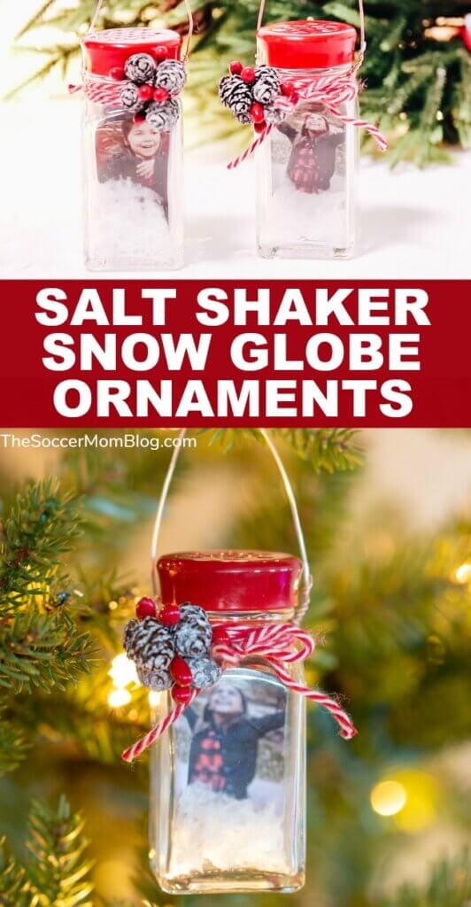 The Salt Shaker Snow Globe Ornaments are a uniquely beautiful handmade Christmas ornament and holiday keepsake.  This DIY picture snow globe ornament is perfect to make in the classroom as a take-home gift for parents or at crafting parties!