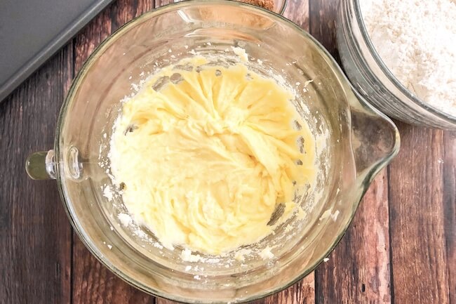 snickerdoodle batter in glass mixing bowl