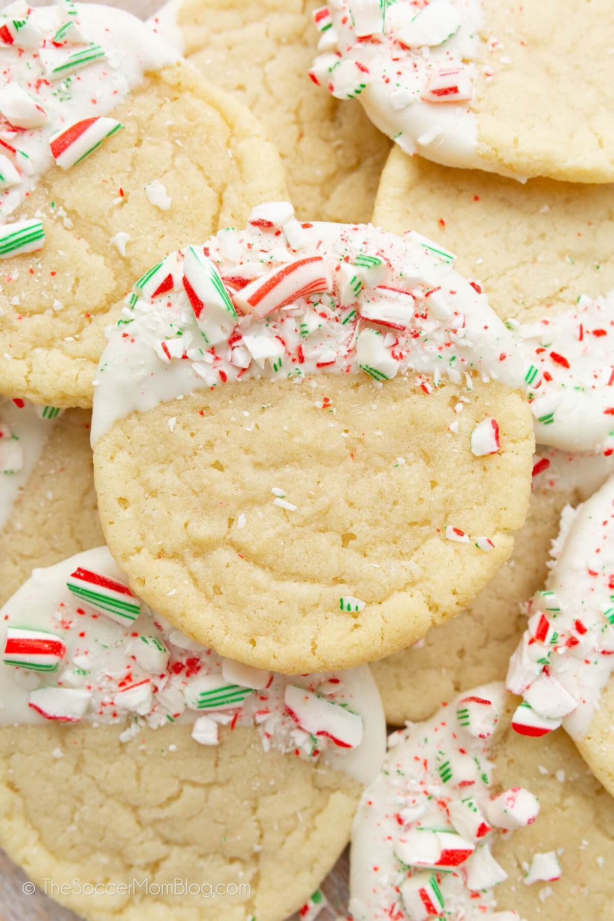 sugar cookies dipped in white chocolate and peppermints
