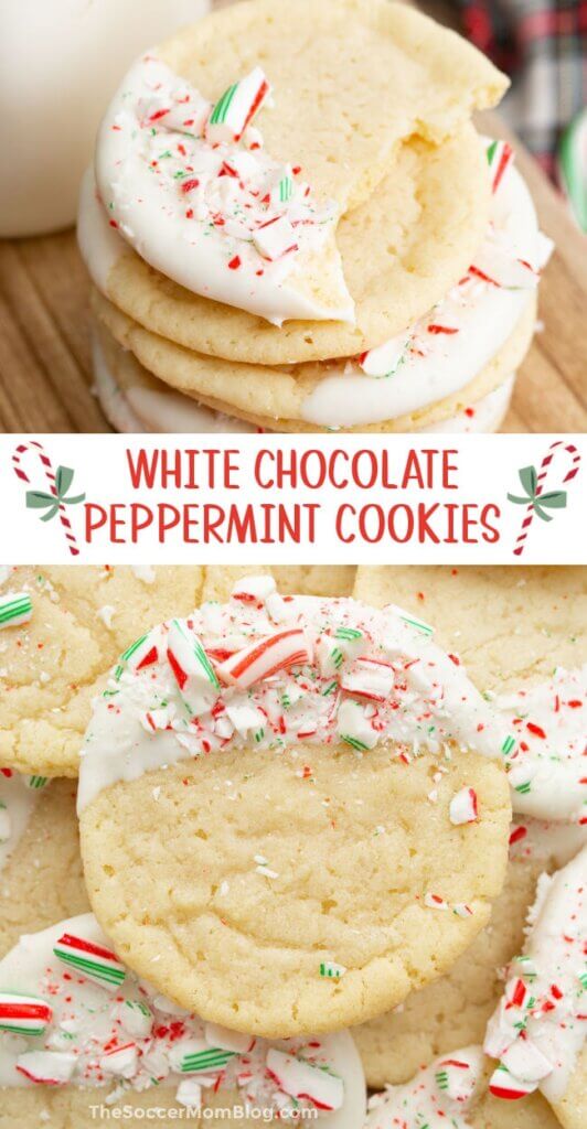 2 photo Pinterest collage of white chocolate dipped peppermint cookies