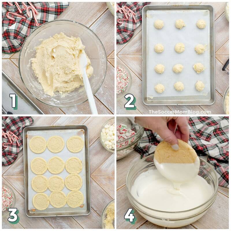 4 step photo collage showing how to make sugar cookies dipped in white chocolate