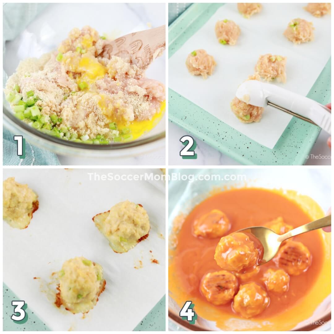 step by step photo collage showing how to make buffalo chicken meatballs