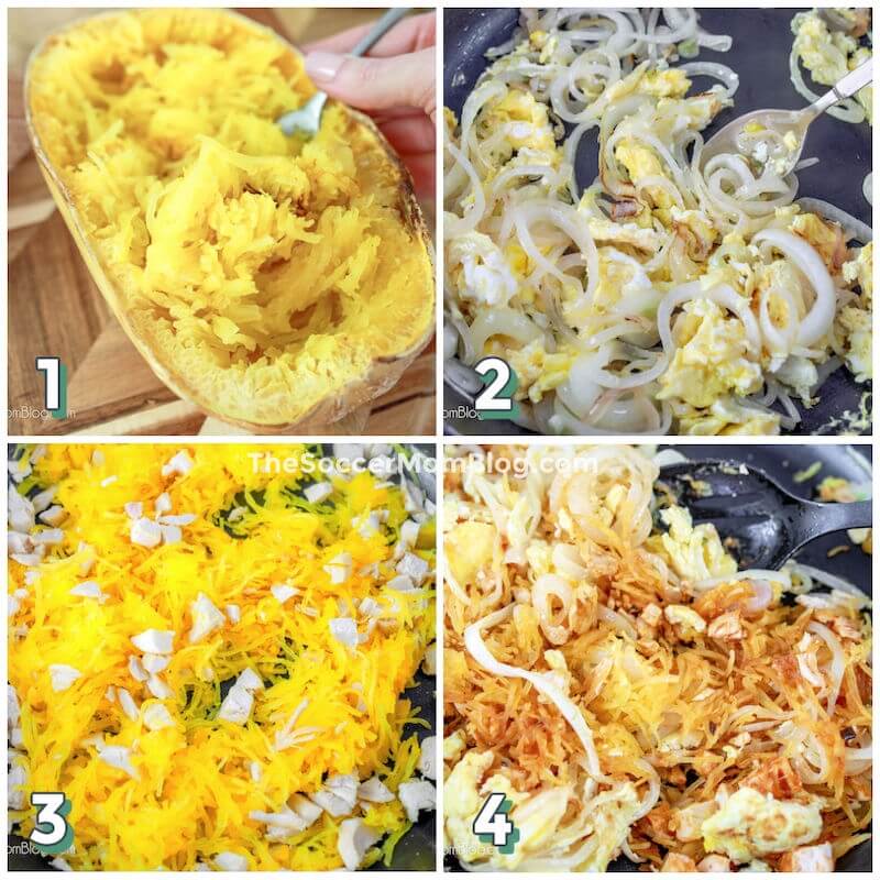 4 step photo collage showing how to make Pad Thai with spaghetti squash