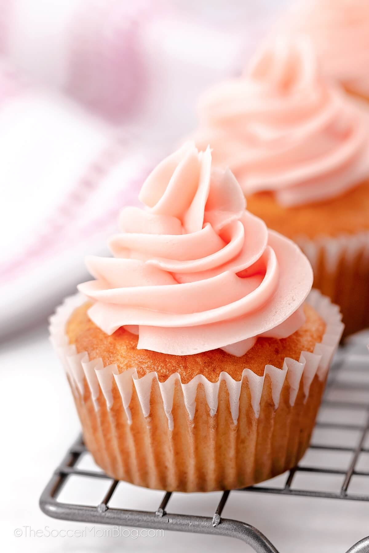 close up of a pink champagne cupcake.