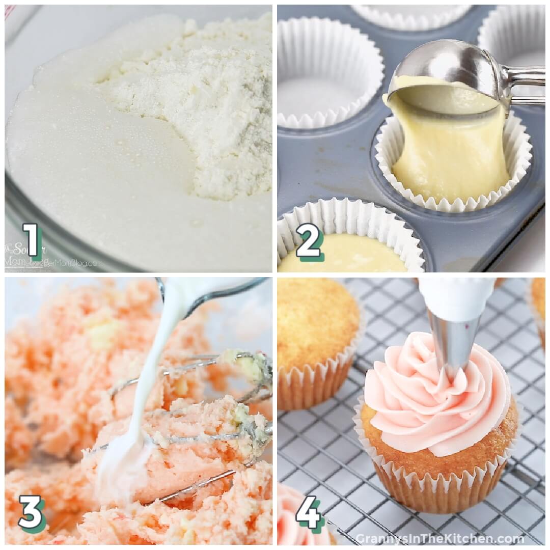 4 step photo collage showing how to make pink champagne cupcakes.