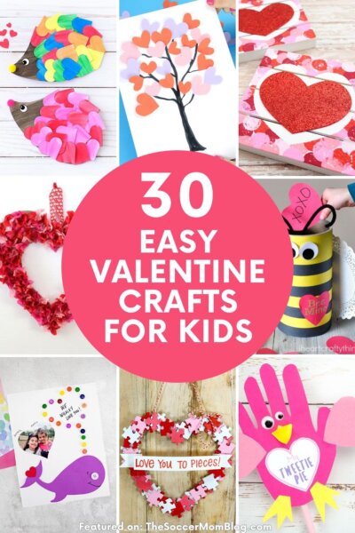 collage of kids Valentine craft ideas, text overlay "30 Easy Valentine Crafts for Kids".