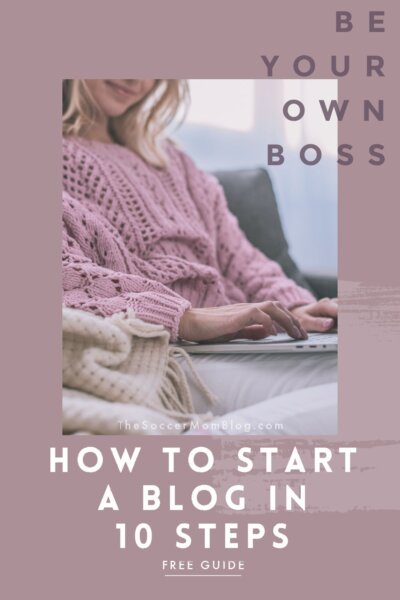 woman in pink sweater with laptop; text overlay "How to Start a Blog in 10 Steps"