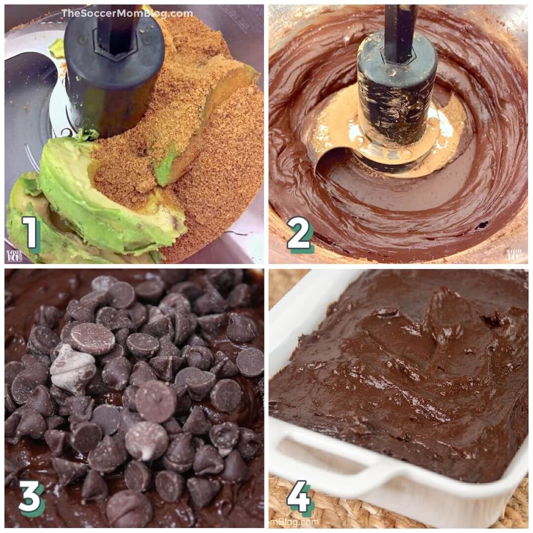 4 step photo collage showing how to bake avocado brownies