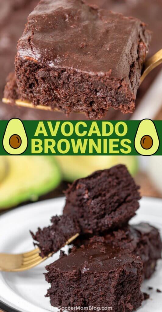vertical Pinterest image with 2 photos of Avocado Brownies