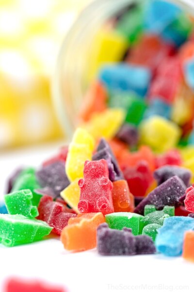 pile of homemade gummy bears in rainbow colors