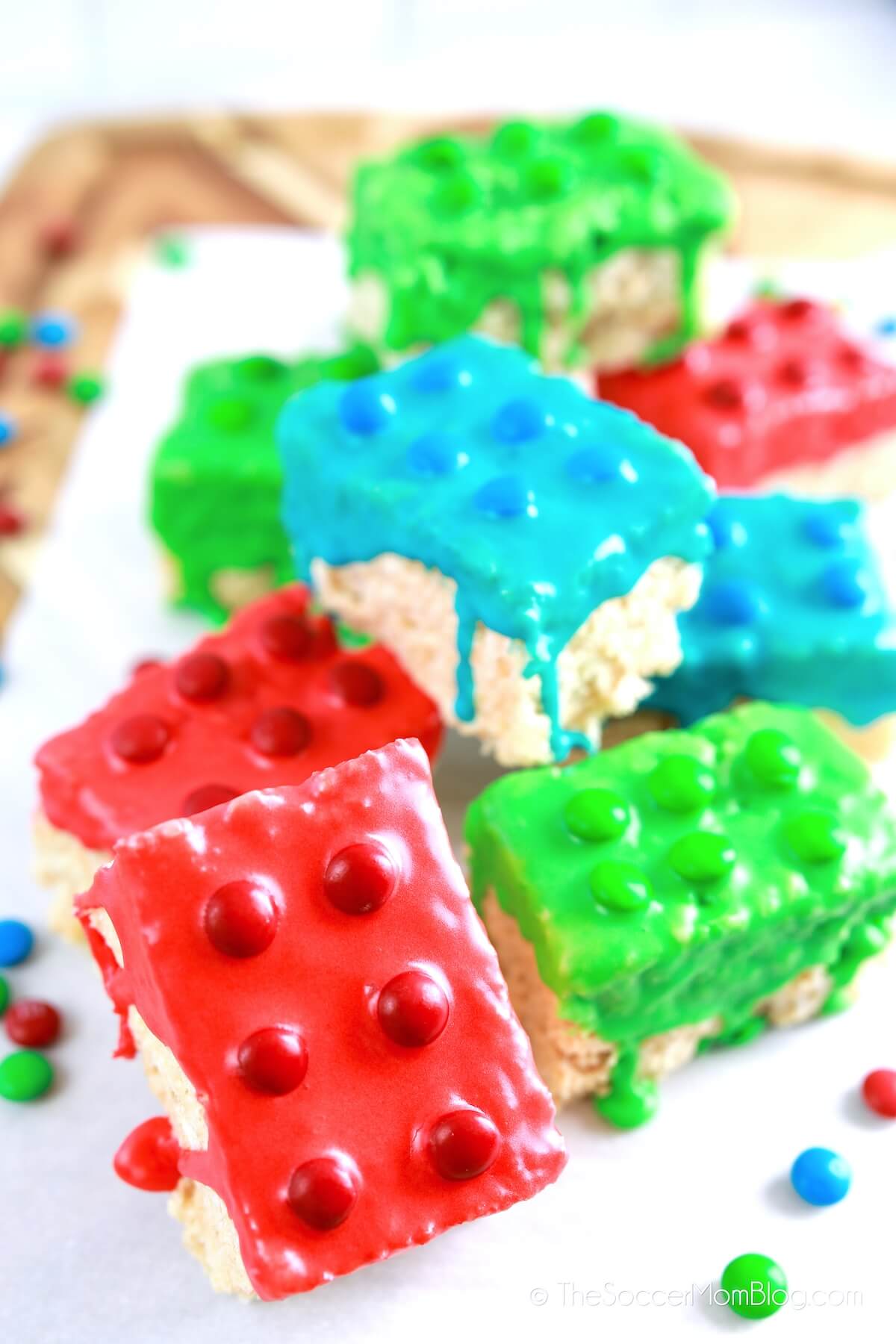 rice krispies treats decorated to look like LEGO bricks
