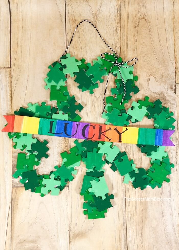Shamrock Wreath Craft made with puzzle pieces