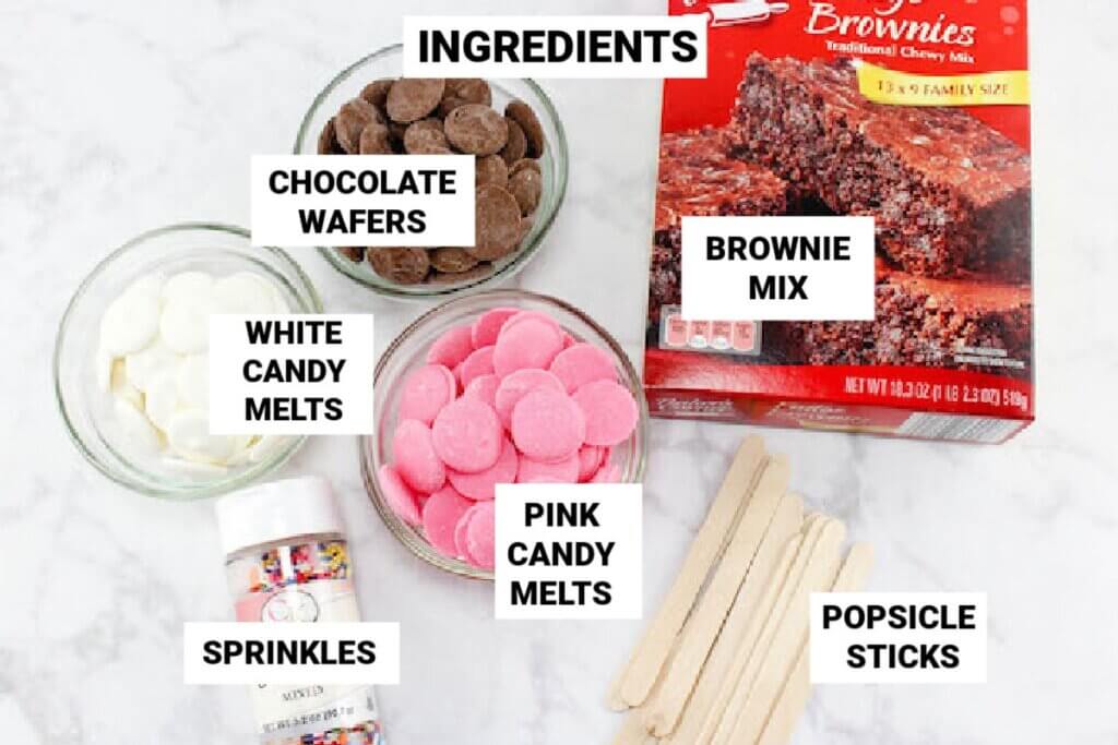 ingredients to make brownie popsicles, with names text overlay