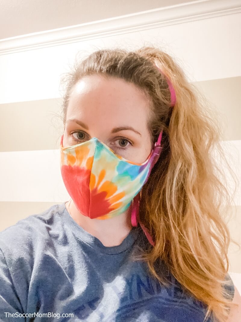 homemade cloth face mask made from a tie-dye t-shirt