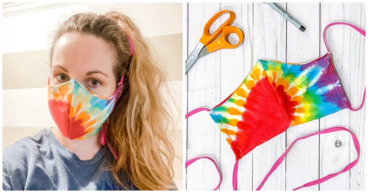 homemade cloth face mask made from a tie-dye t-shirt