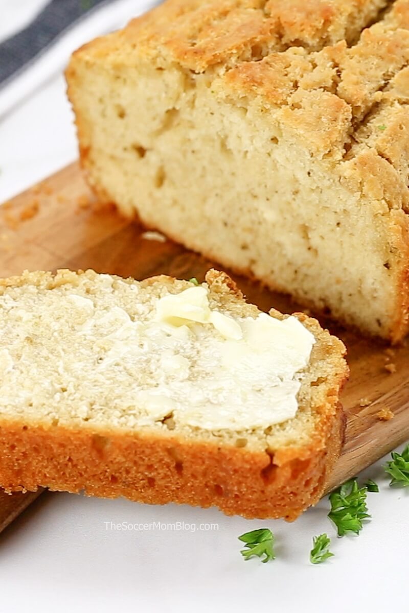 close up of a slice of fresh baked beer bread