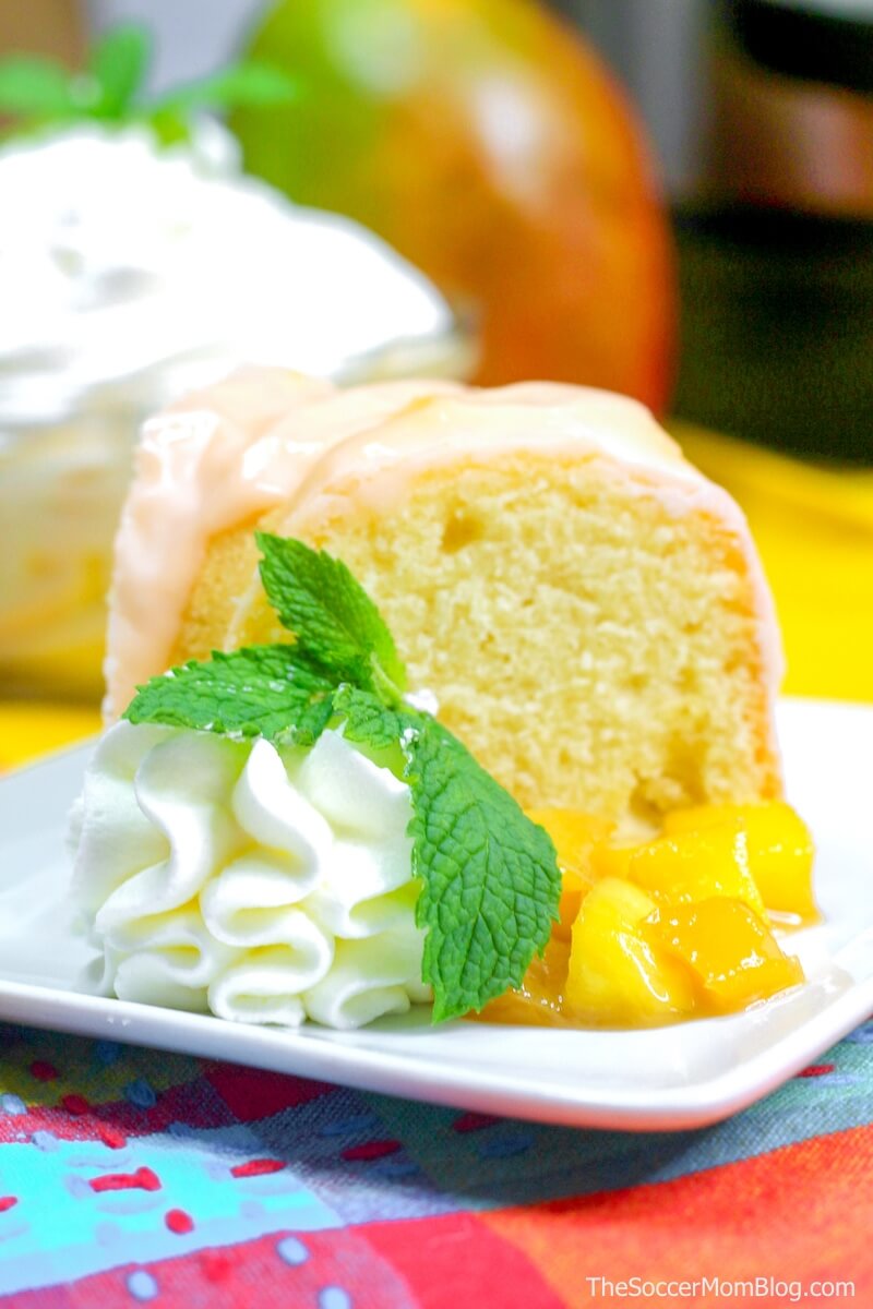 mango coconut bundt cake with whipped cream