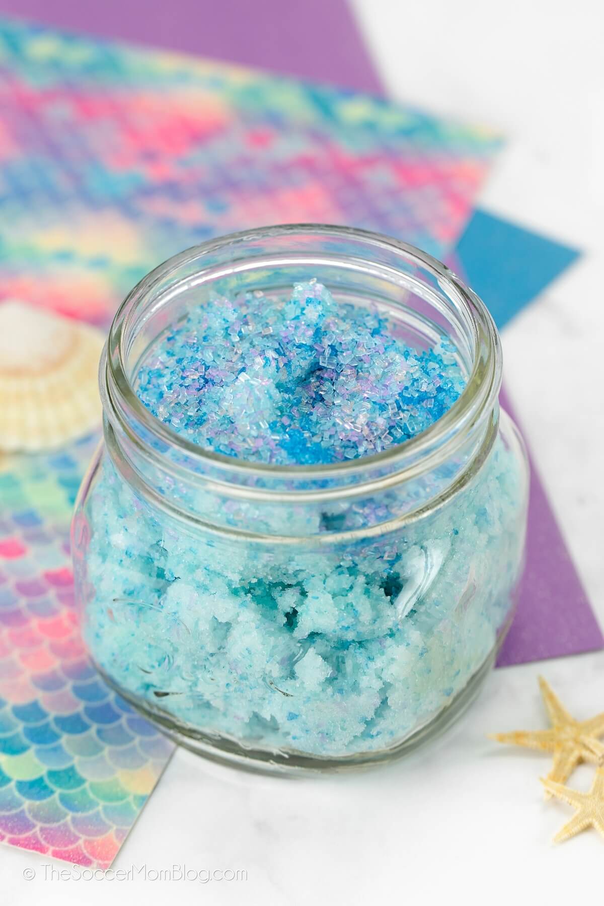 sparkly blue mermaid sugar scrub made with coconut oil
