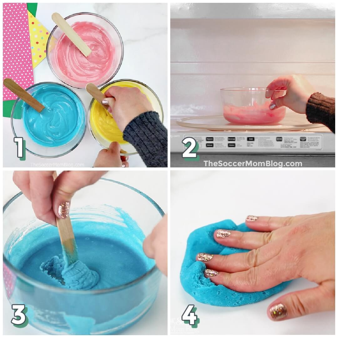 4 step photo collage showing how to make microwave playdough.