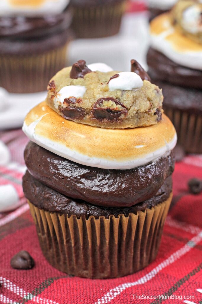 S'mores cupcakes with layers of marshmallows and chocolate