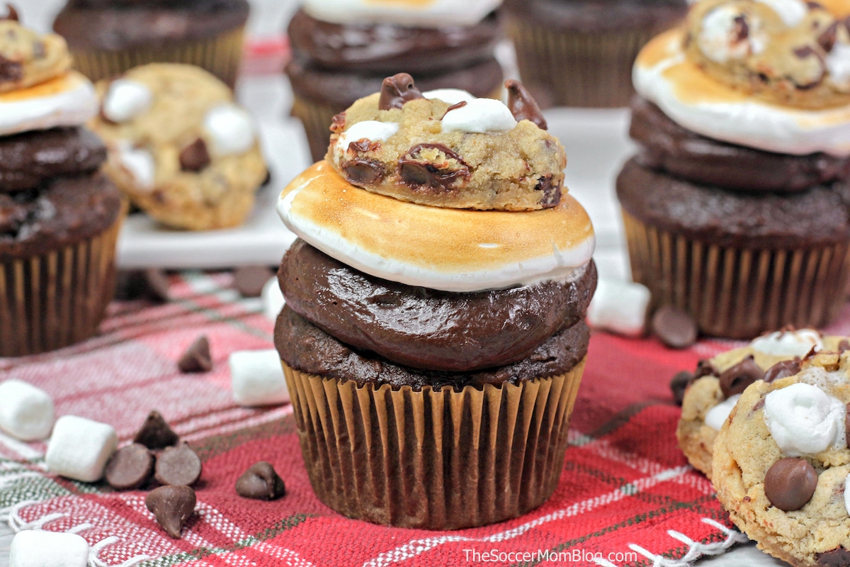 s'mores inspired cupcakes layered with marshmallow and chocolate