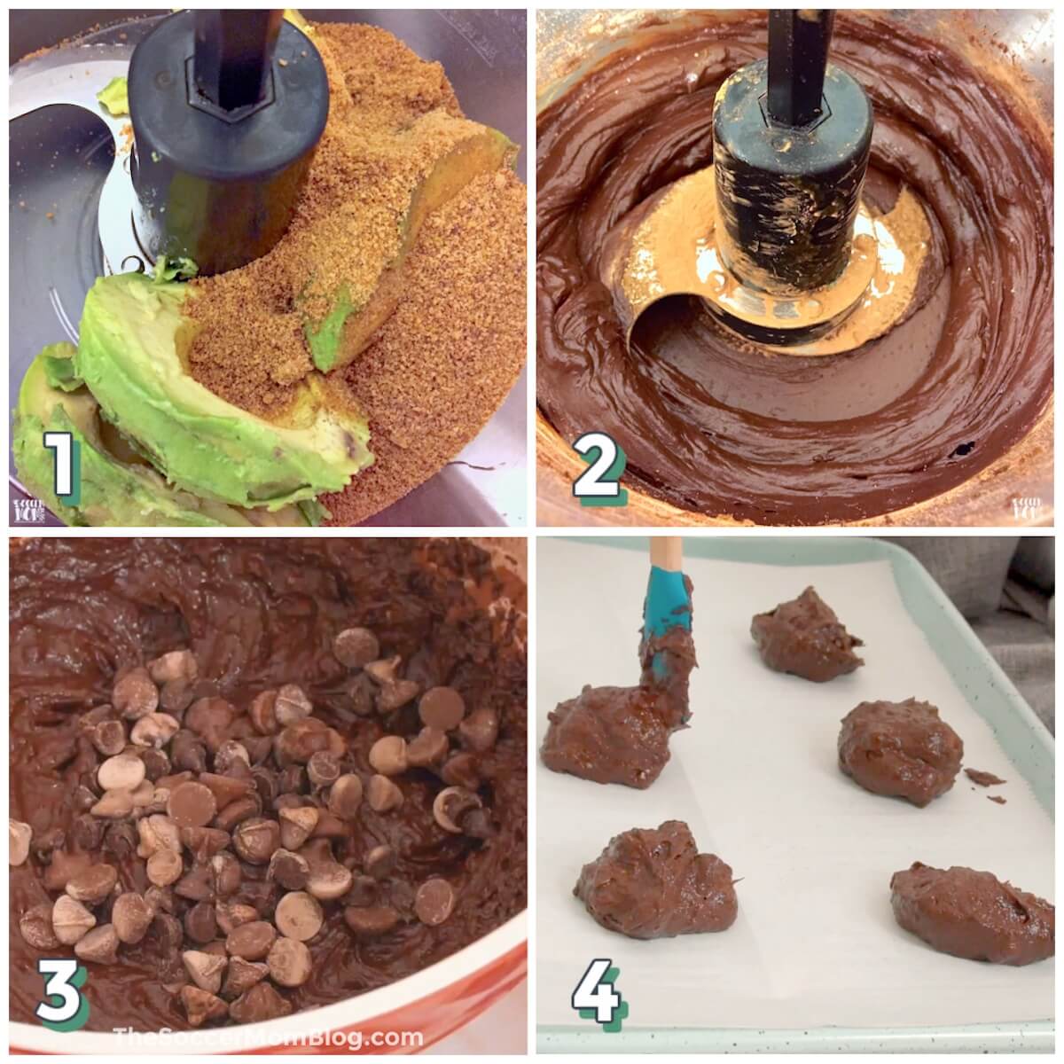 4 step photo collage showing how to make chocolate avocado cookies.