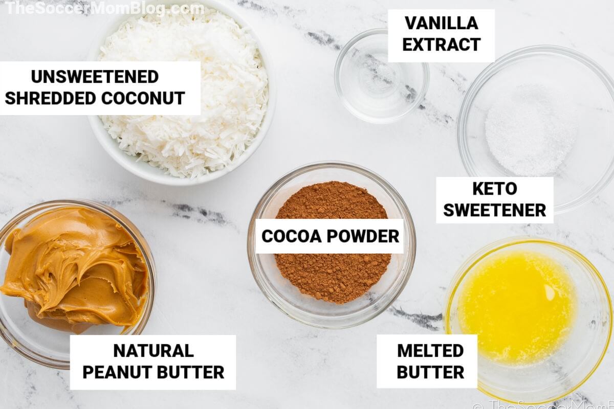 ingredients to make no bake keto cookies, with text labels