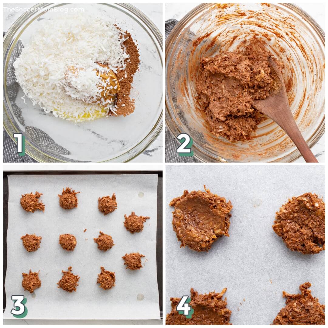 4 step photo collage showing how to make keto no bake cookies