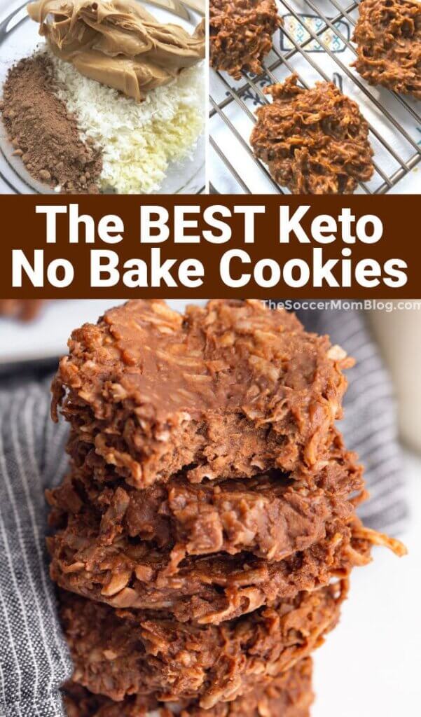 vertical Pinterest collage showing keto no bake cookies, in mixing bowl and completed