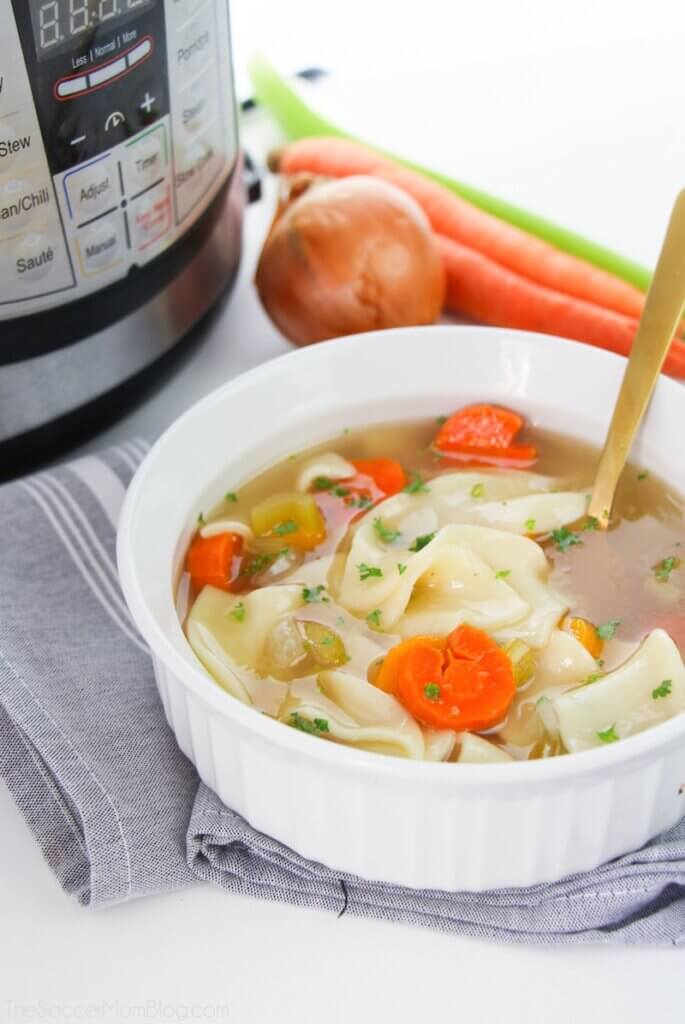 chicken noodle soup bowl and Instant Pot with fresh veggies