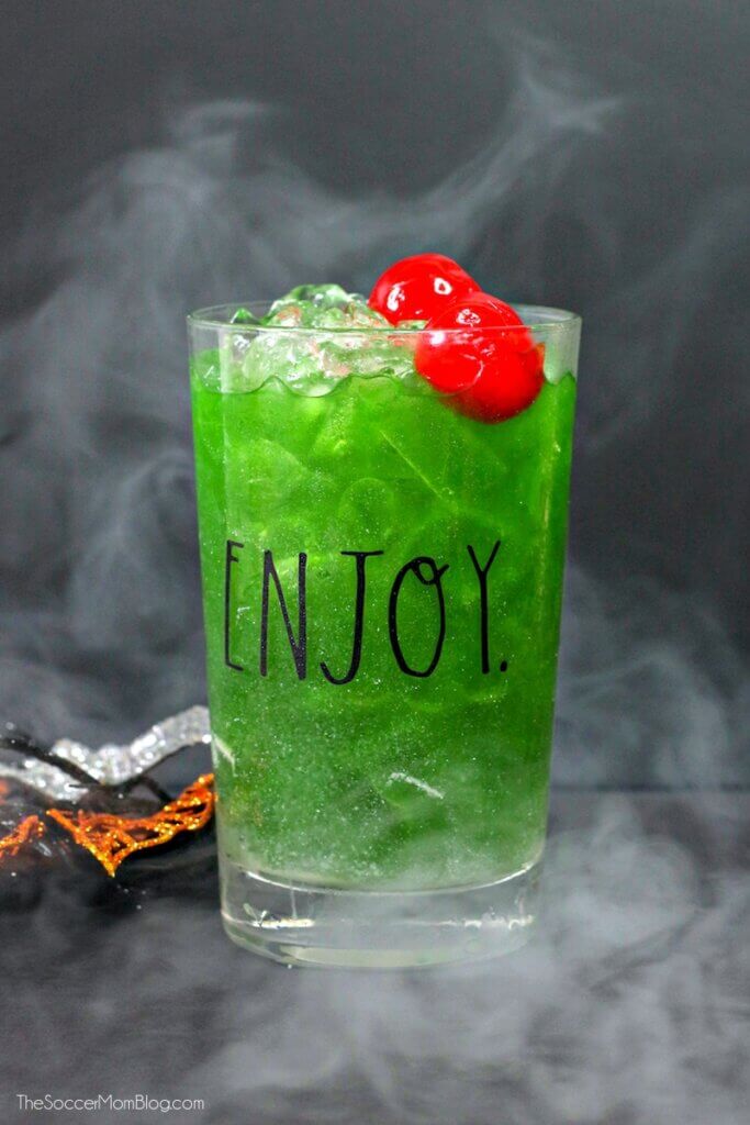 witches brew drink for Halloween, surrounded by spooky smoke