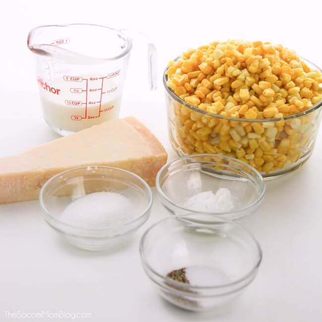 creamed corn ingredients in bowls on counter
