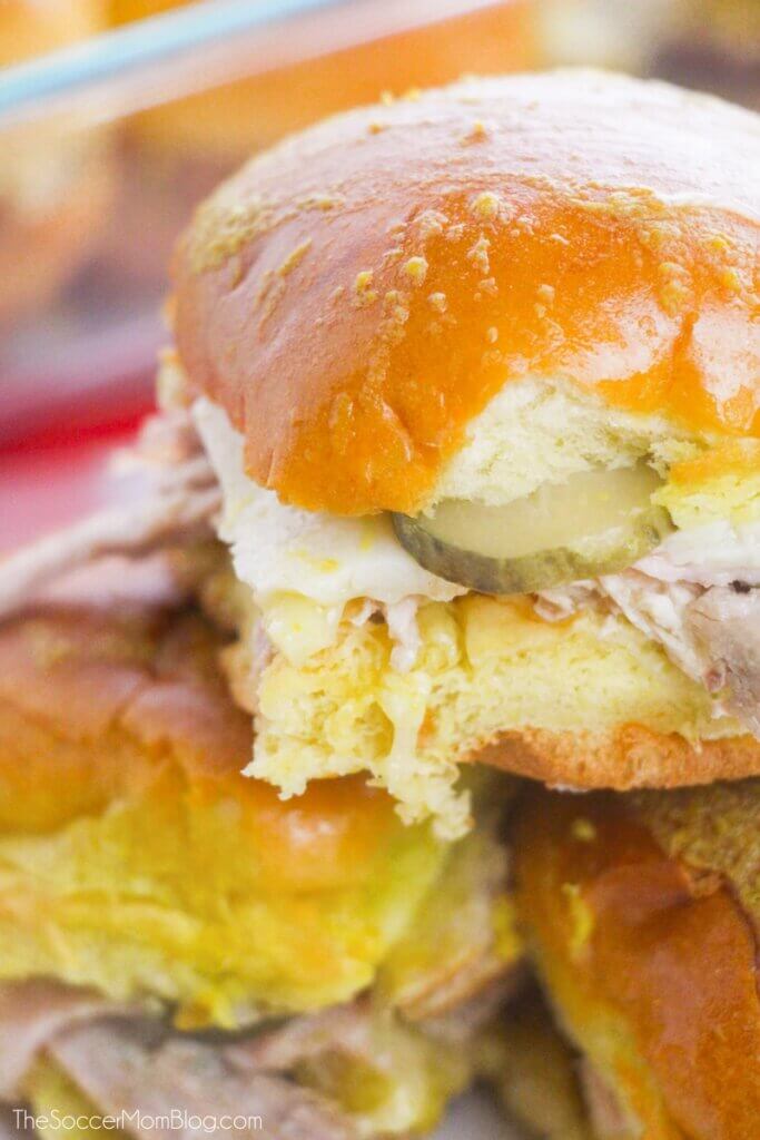 close up of a Cuban style slider with pork and cheese