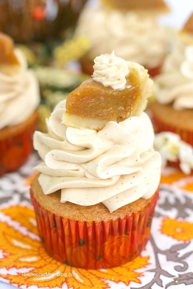 cupcake with a slice of mini pumpkin pie on top