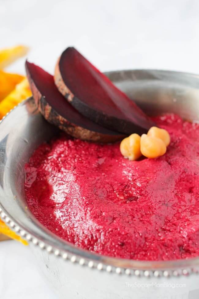 roasted red beet hummus in silver bowl