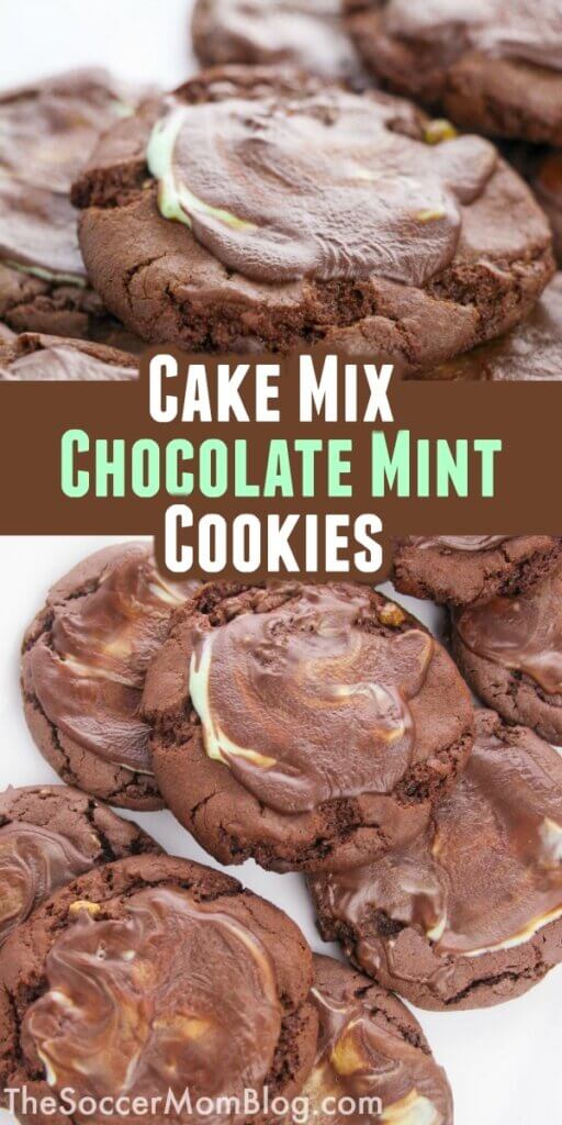 chocolate cake mix cookies with melted Andes mint on top