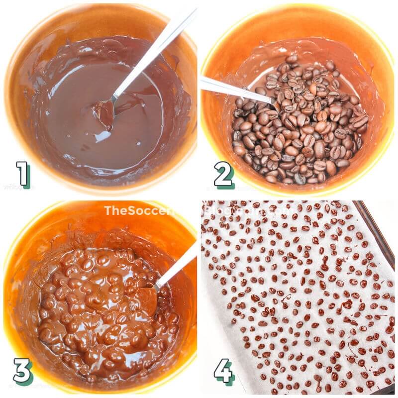 step by step 4 photo collage showing how to make chocolate covered coffee beans