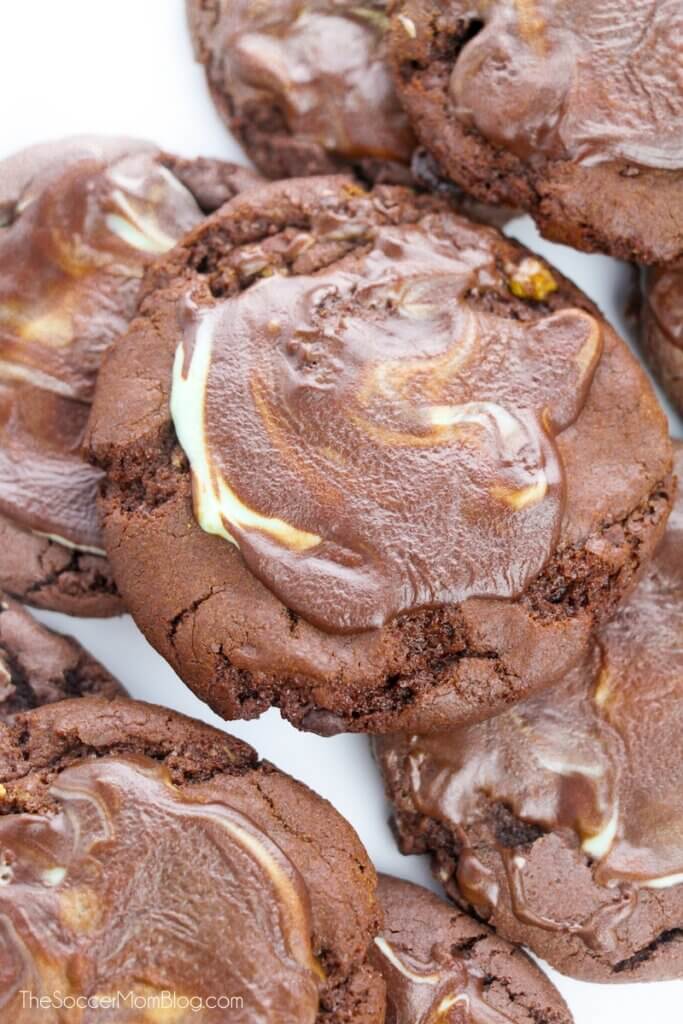 chocolate cake mix cookies with melted Andes mints on top