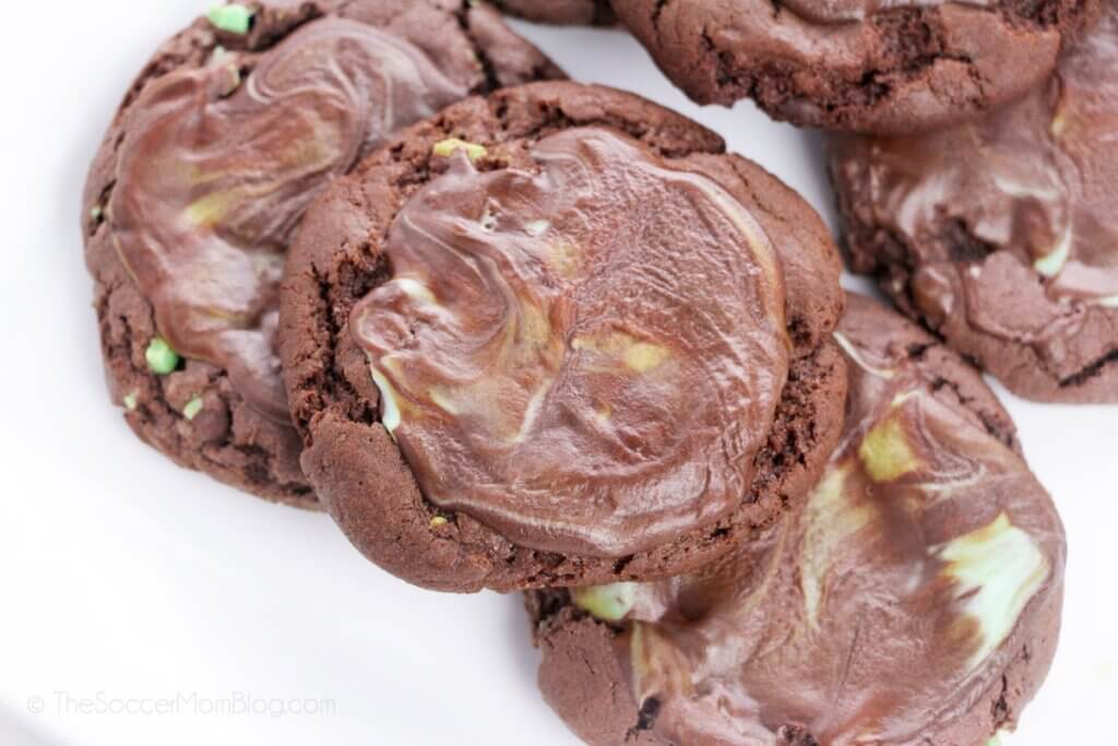 chocolate cake mix cookies with Andes mint frosting