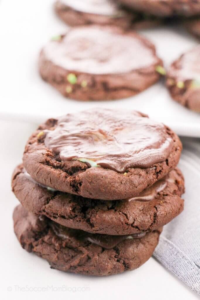 stack of chocolate mint cake mix cookies