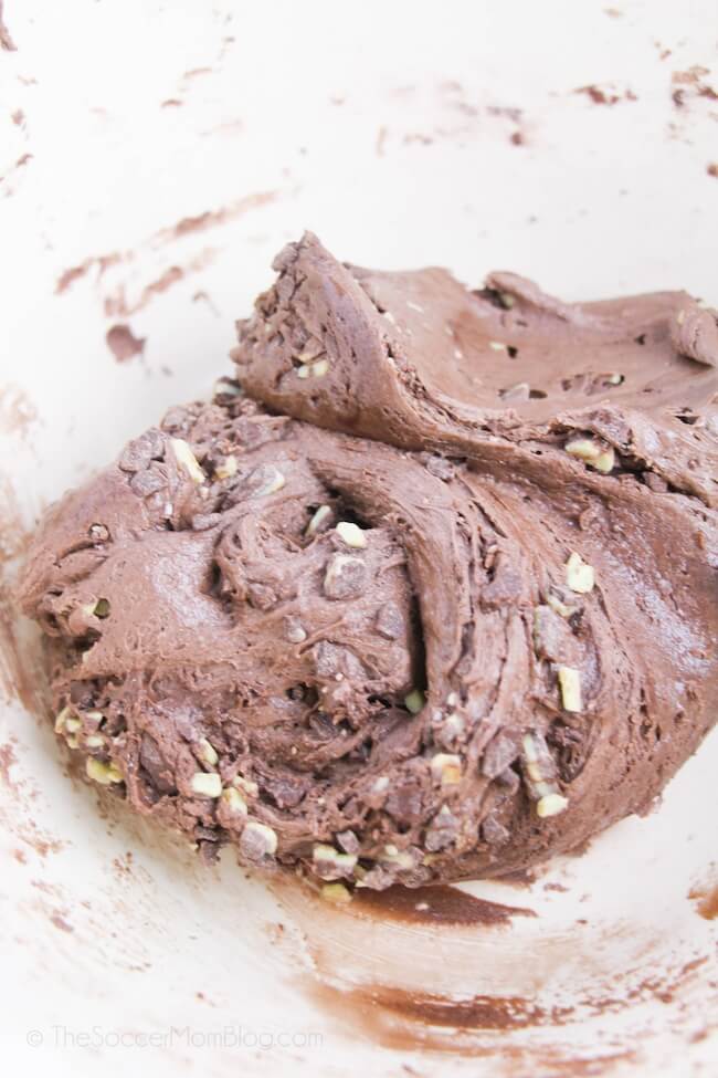 chocolate cookie dough with Andes mint pieces mixed in